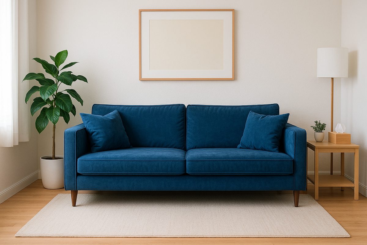 Blue couch in therapist's office